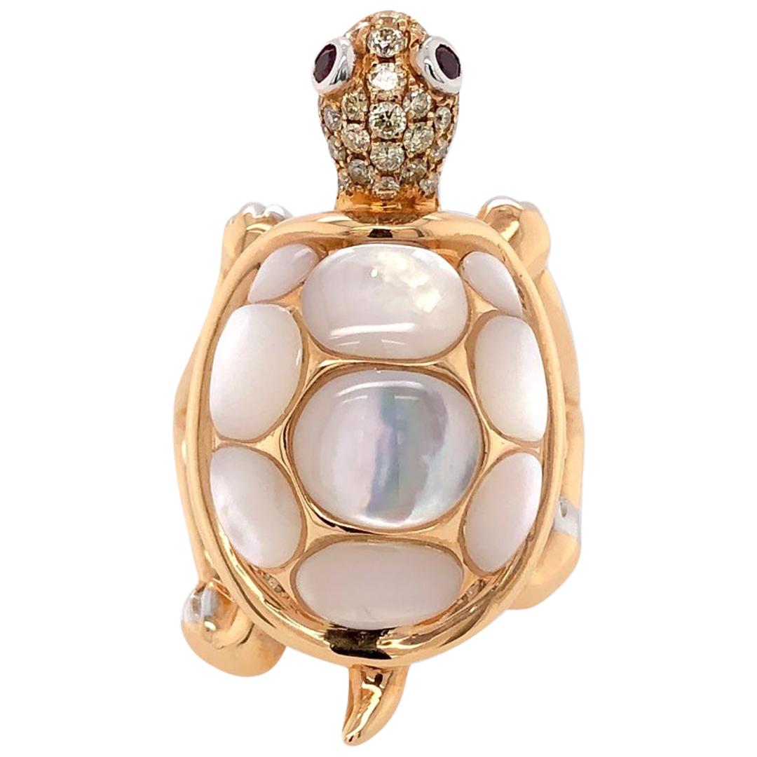 Paris Craft House Mother of Pearl Diamond Ruby Turtle Ring in 18 Karat Rose Gold For Sale