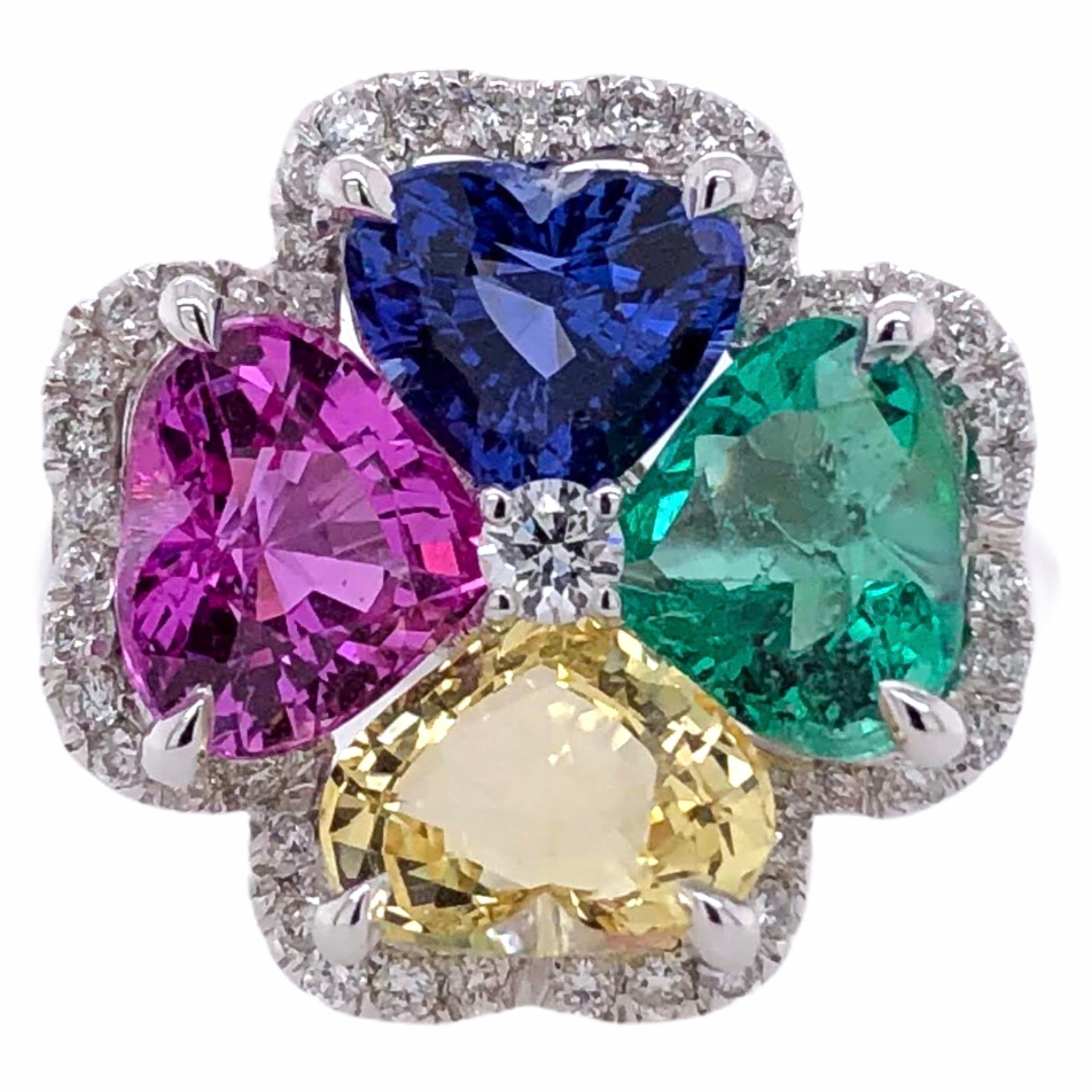 Modern Paris Craft House Multi Sapphire Emerald Heart Ring in 18 Karat White Gold For Sale
