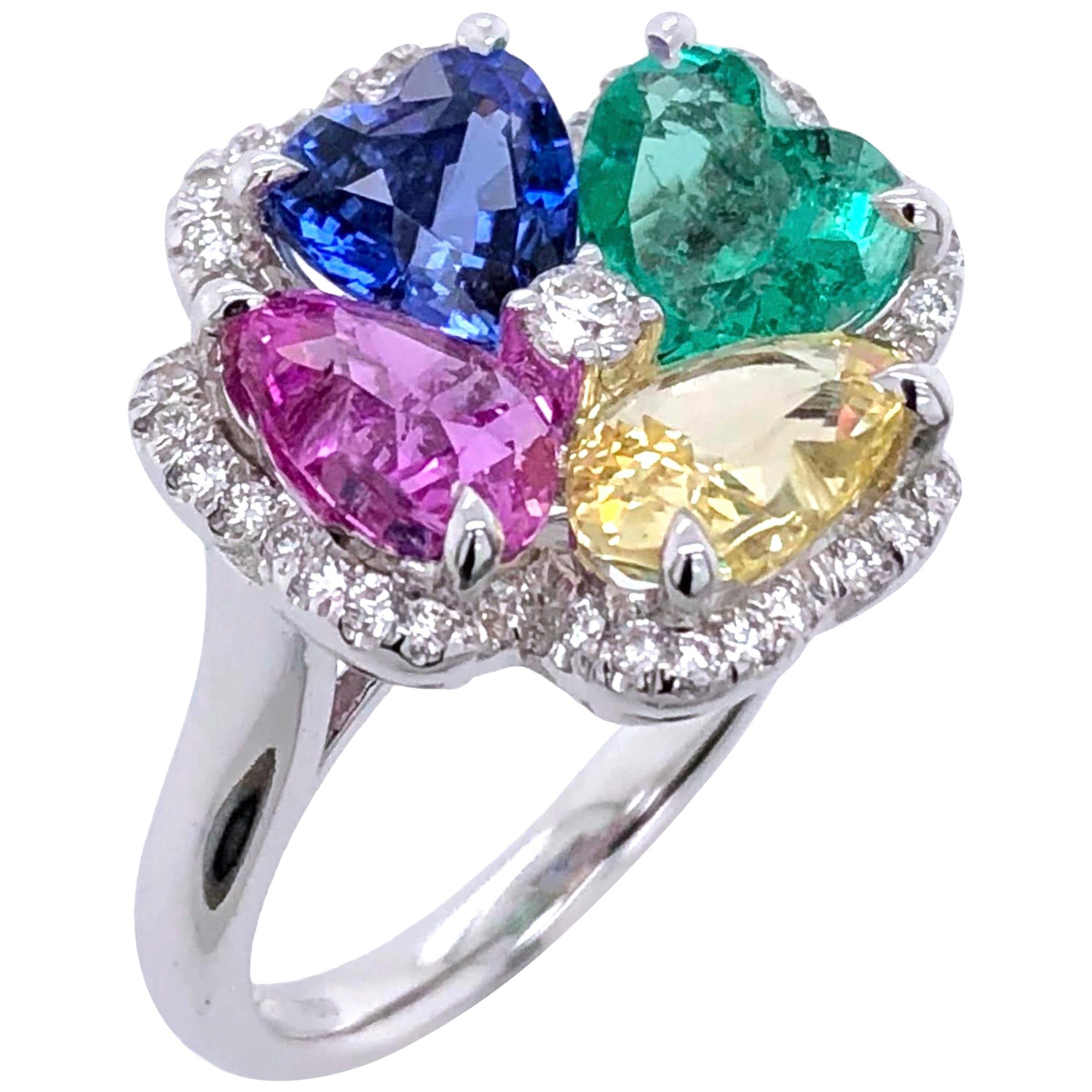 Paris Craft House Multi Sapphire Emerald Heart Ring in 18 Karat White Gold For Sale