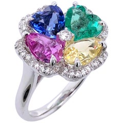 Paris Craft House Multi Sapphire Emerald Heart Ring in 18 Karat White Gold Paris Craft House Multi Sapphire Emerald Heart Ring in 18 Karat White Gold