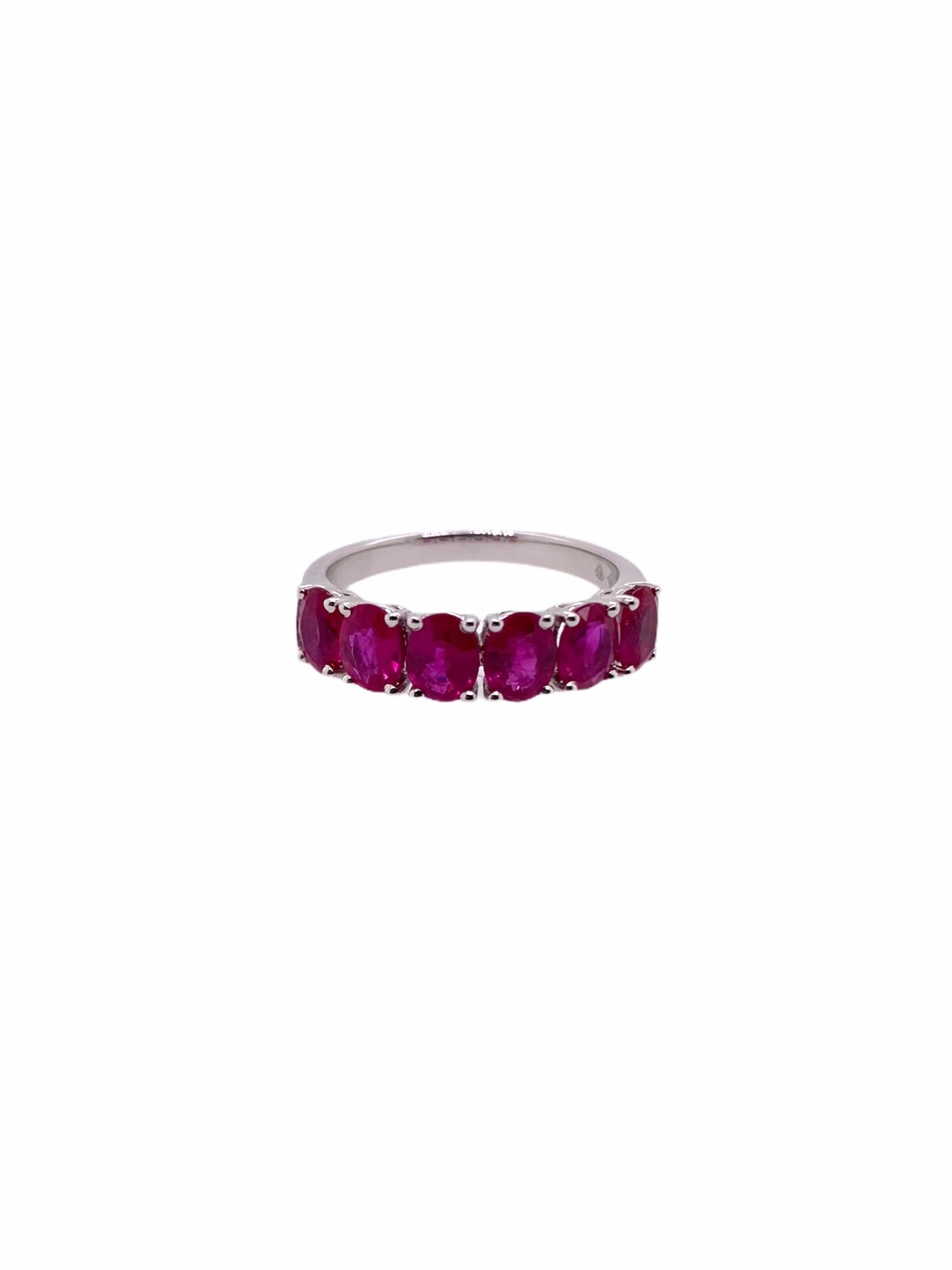 Crafted in 18 Karat White Gold, PARIS Craft House offers Oval-cut Rubies weighing a total of 2.34c. On this ring, 6 matching blood-red Rubies of the same size, cuts and color were hand selected and carefully fitted in prong setting, cuddling with