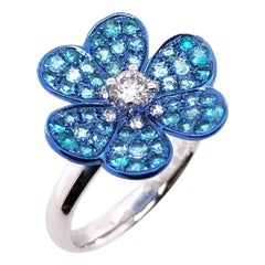 Paris Craft House Paraiba Diamond Clover Ring in 18 Karat White Gold