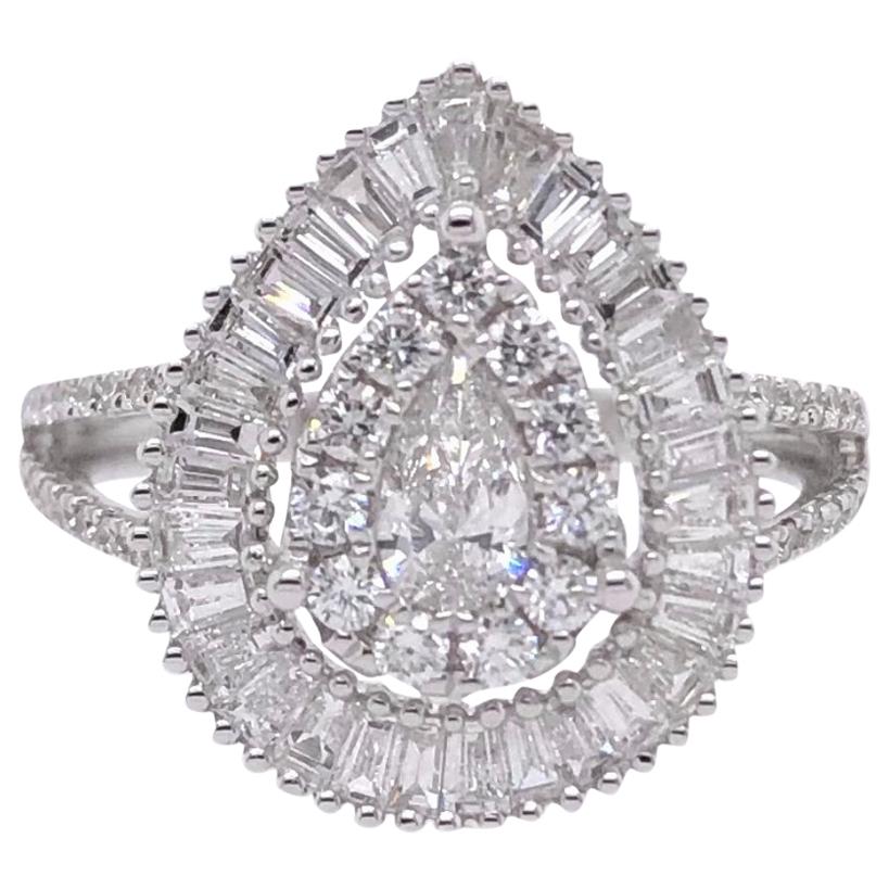 Paris Craft House Pear Diamond Ring in 18 Karat White Gold For Sale