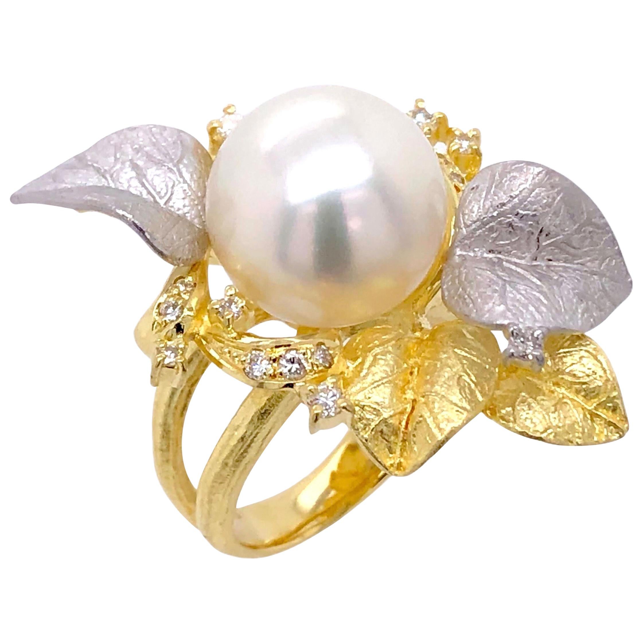 Paris Craft House Pearl Diamond Ring in 18 Karat Yellow Gold For Sale