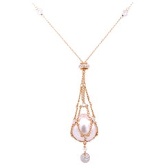 Paris Craft House Pearl Sapphire Diamond Necklace in 18 Karat White Rose Gold