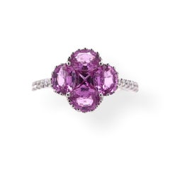 Paris Craft House Pink Sapphire Diamond Clover Ring in 18 Karat White Gold