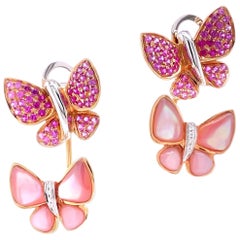 Paris Craft House Pink Sapphire Mother of Pearl Diamond 2-Way Butterfly Earrings