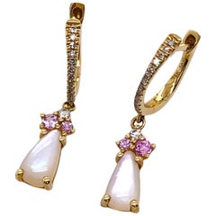 Paris Craft House Pink Sapphire Mother of Pearl Gold Earrings in 14 Karat Gold