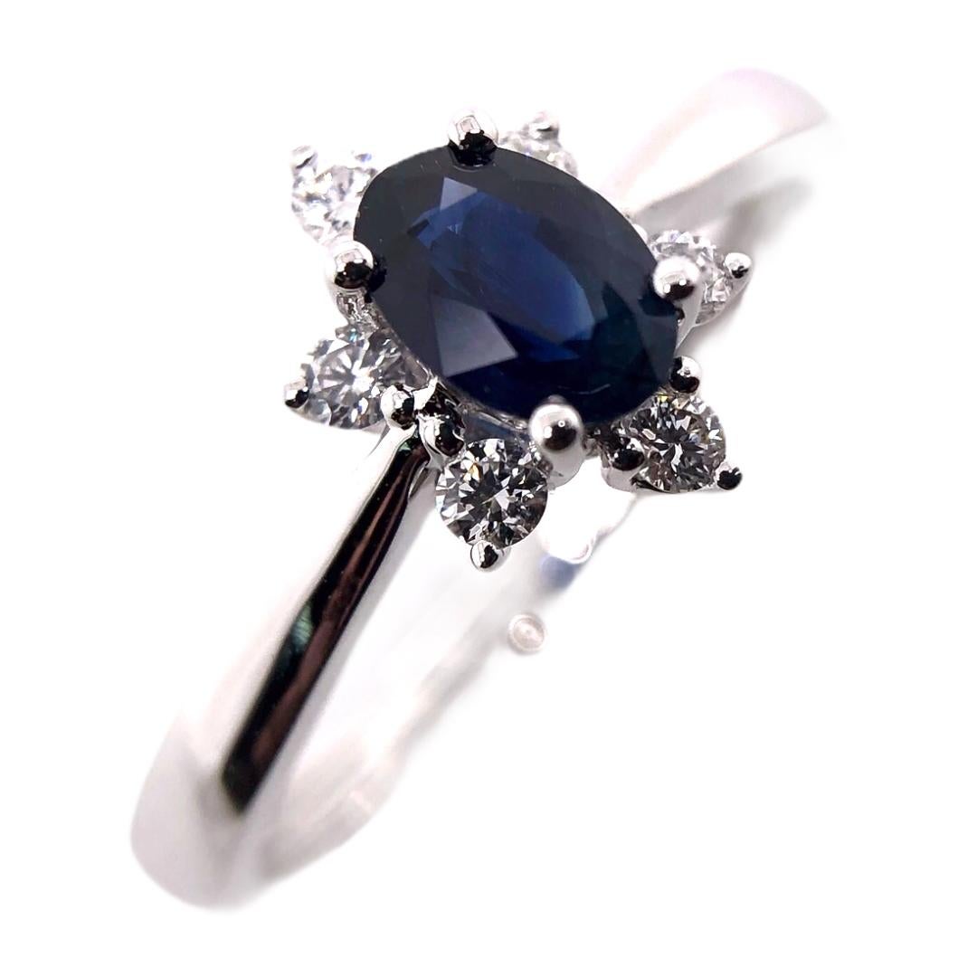 Modern Paris Craft House Royal Blue Oval Sapphire Diamond Ring in 18 Karat White Gold For Sale