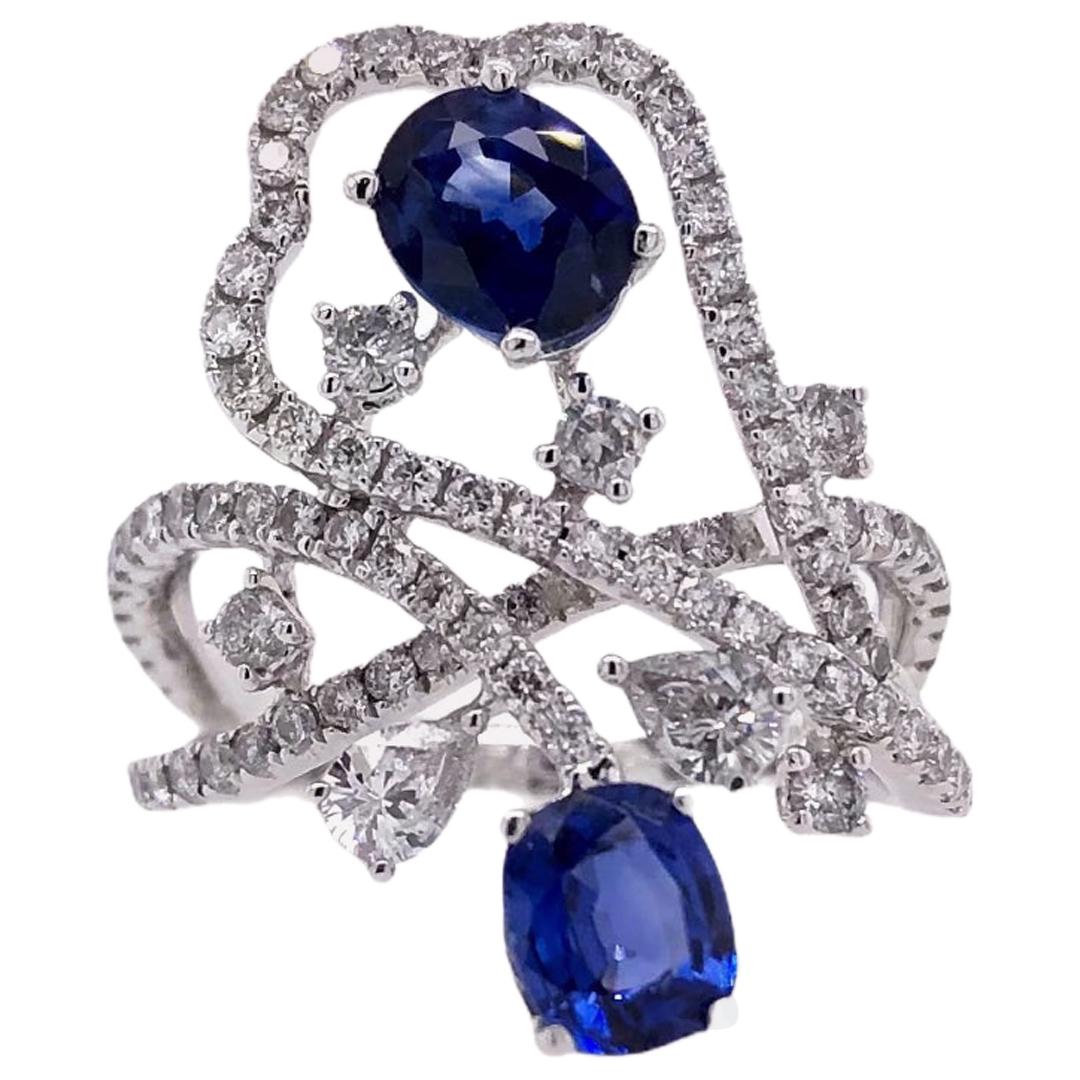 Paris Craft House Royal Blue Sapphire Diamond Ring in 18 Karat White Gold For Sale