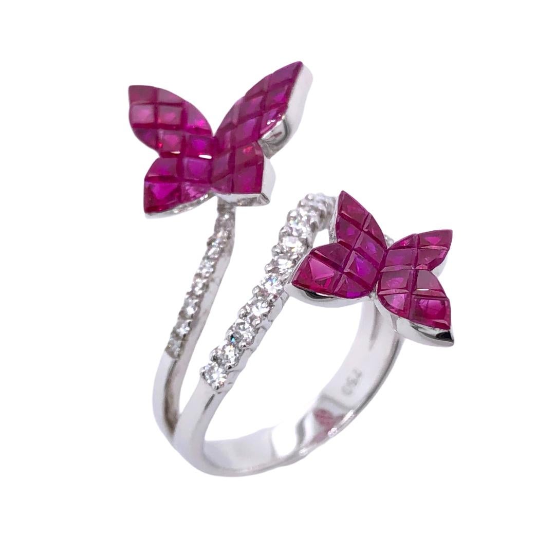 PARIS Craft House Ruby Diamond Butterfly Ring in 18 Karat White Gold.

- 40 Princess-cut Rubies/2.67ct
- 18K White Gold/4.88g
- Pavé Diamonds
- Ring size/US6.25

Designed and crafted at PARIS Craft House.