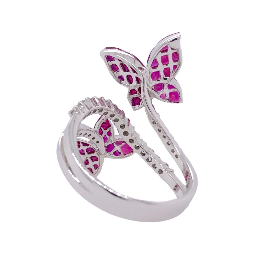 Mixed Cut Paris Craft House Ruby Diamond Butterfly Ring in 18 Karat White Gold For Sale