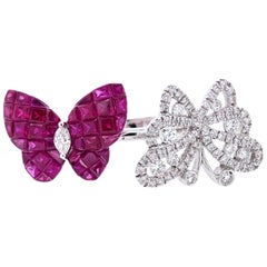 Paris Craft House Ruby Diamond Butterfly Ring in 18 Karat White Gold