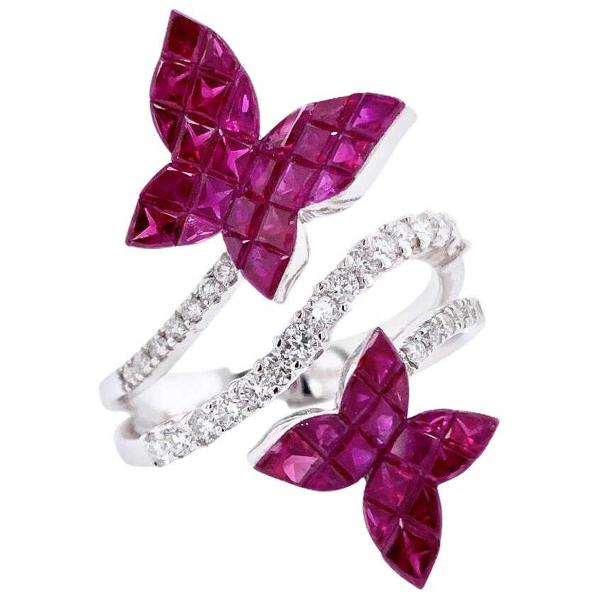 Paris Craft House Ruby Diamond Butterfly Ring in 18 Karat White Gold For Sale