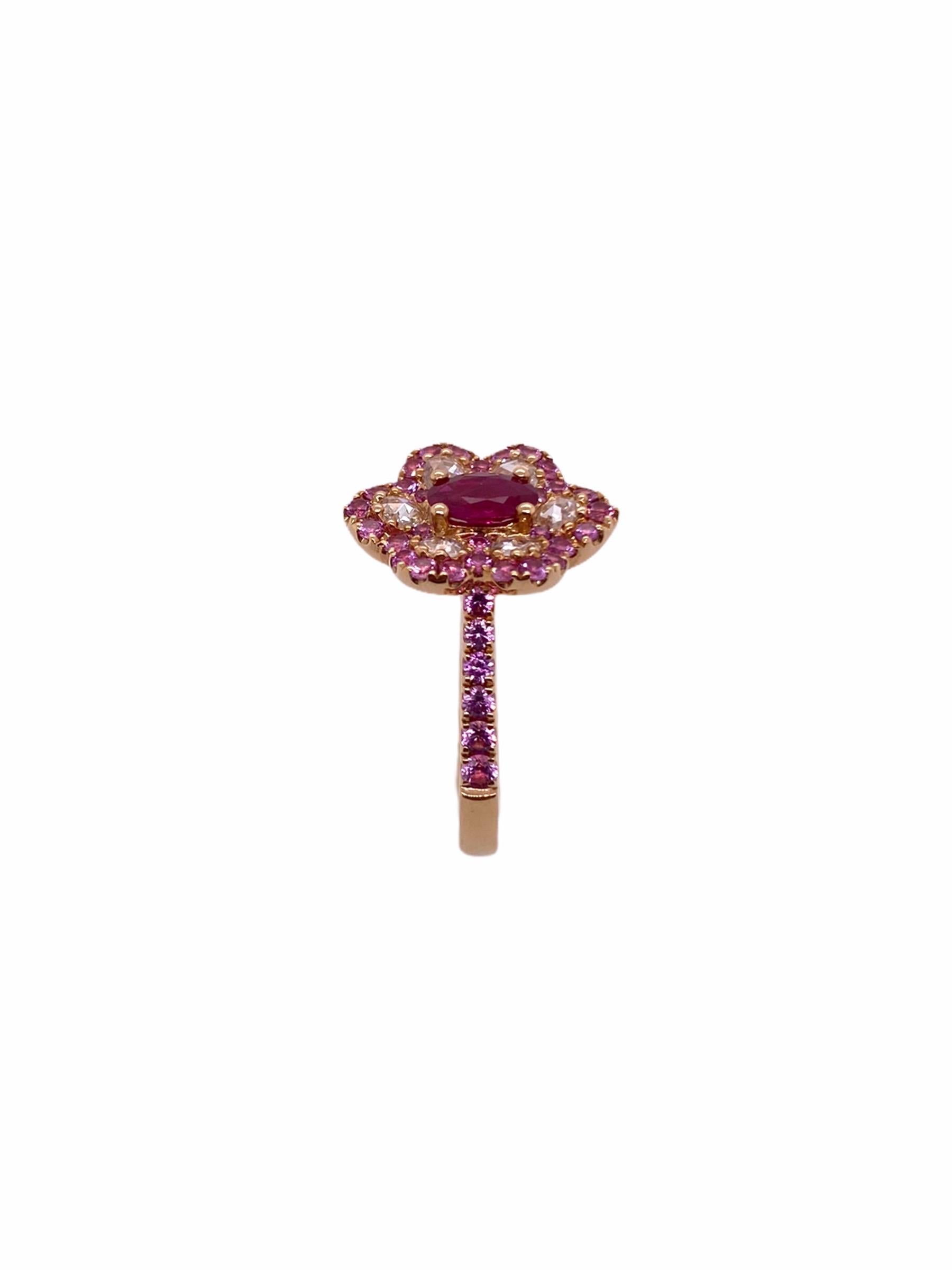 Modern Paris Craft House Ruby Diamond Floral Ring in 18 Karat Rose Gold For Sale