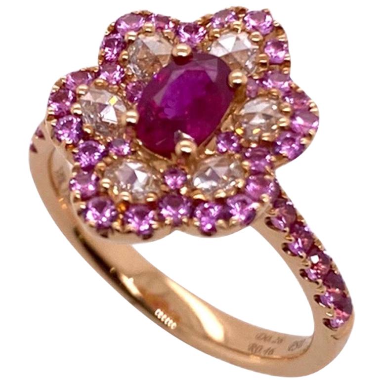 Paris Craft House Ruby Diamond Floral Ring in 18 Karat Rose Gold For Sale