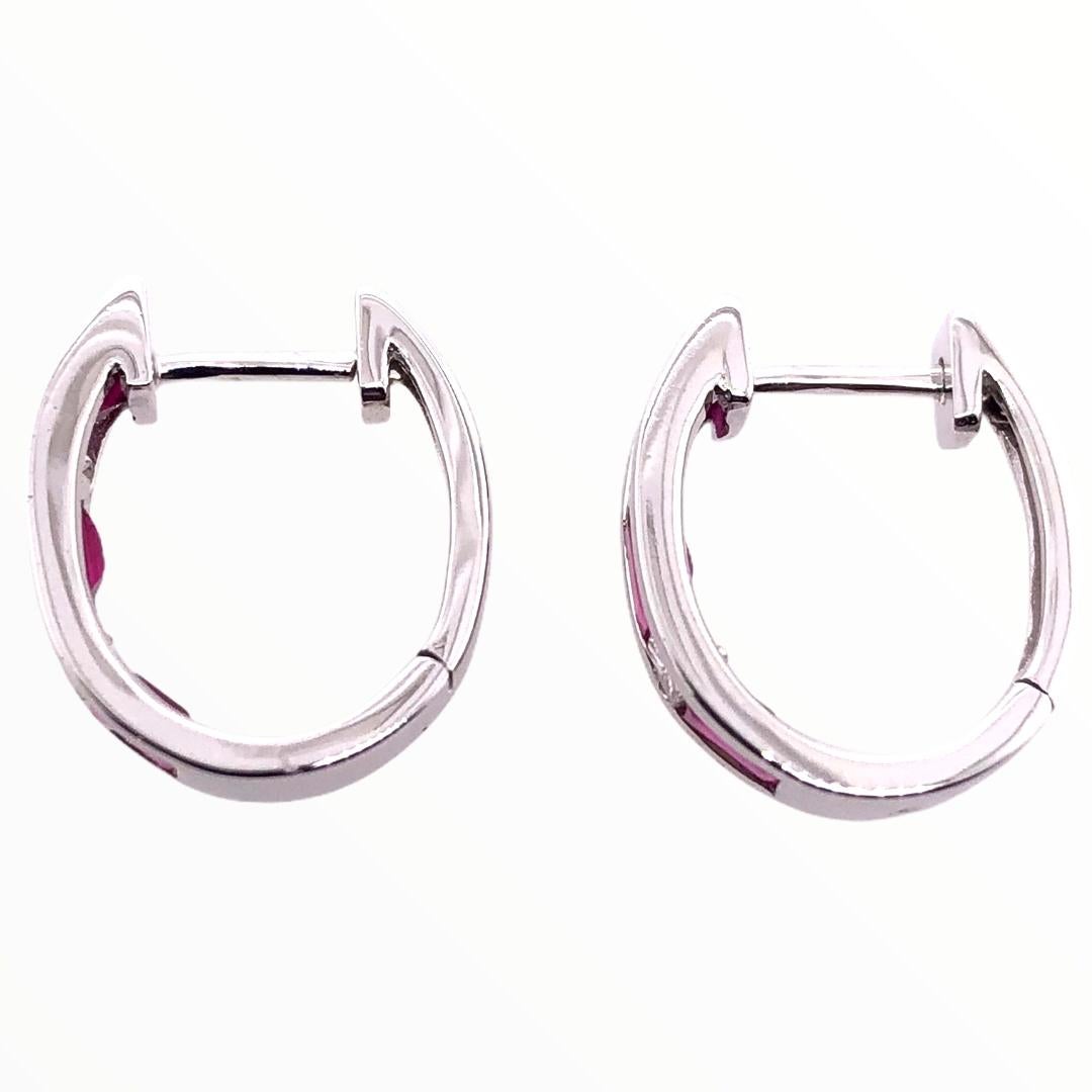 Modern Paris Craft House Ruby Diamond Hoop Stud Earrings in 18 Karat White Gold For Sale