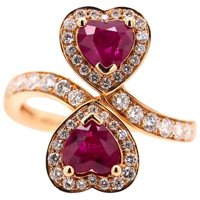 Paris Craft House Ruby Diamond Love Hearts Ring in 18 Karat Rose Gold For Sale