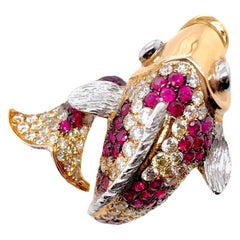 Paris Craft House Ruby Diamond Lucky Fish Ring in 18 Karat White and Rose Gold