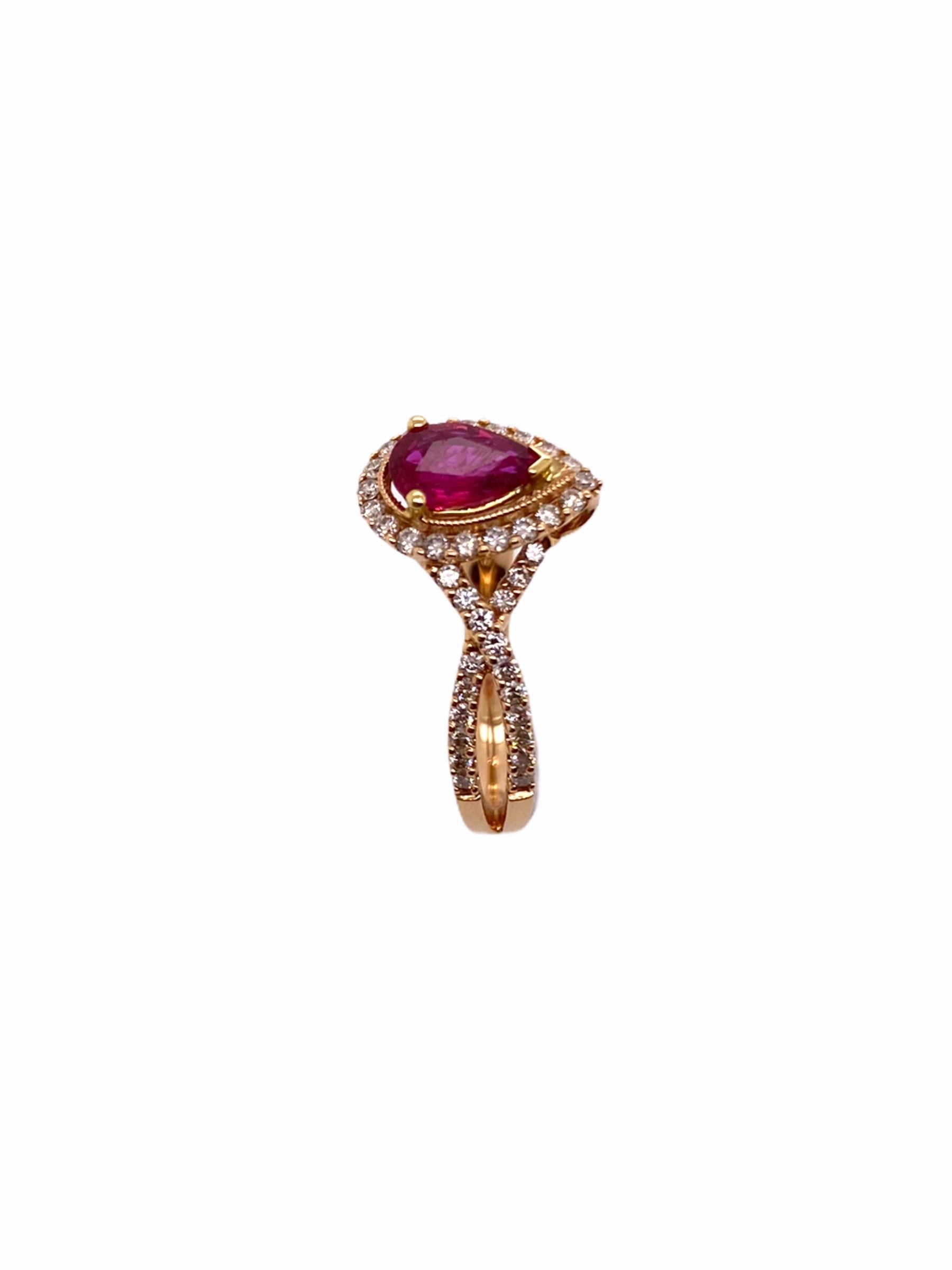 In this article, PARIS Craft House offers a 0.75ct blazing Pear-cut Ruby and 0.47ct Round Diamonds crafted in 18 Karat Rose Gold. Garnered inspiration from the Persian Empire, this piece showcases a refined and detailed craftsmanship of many years