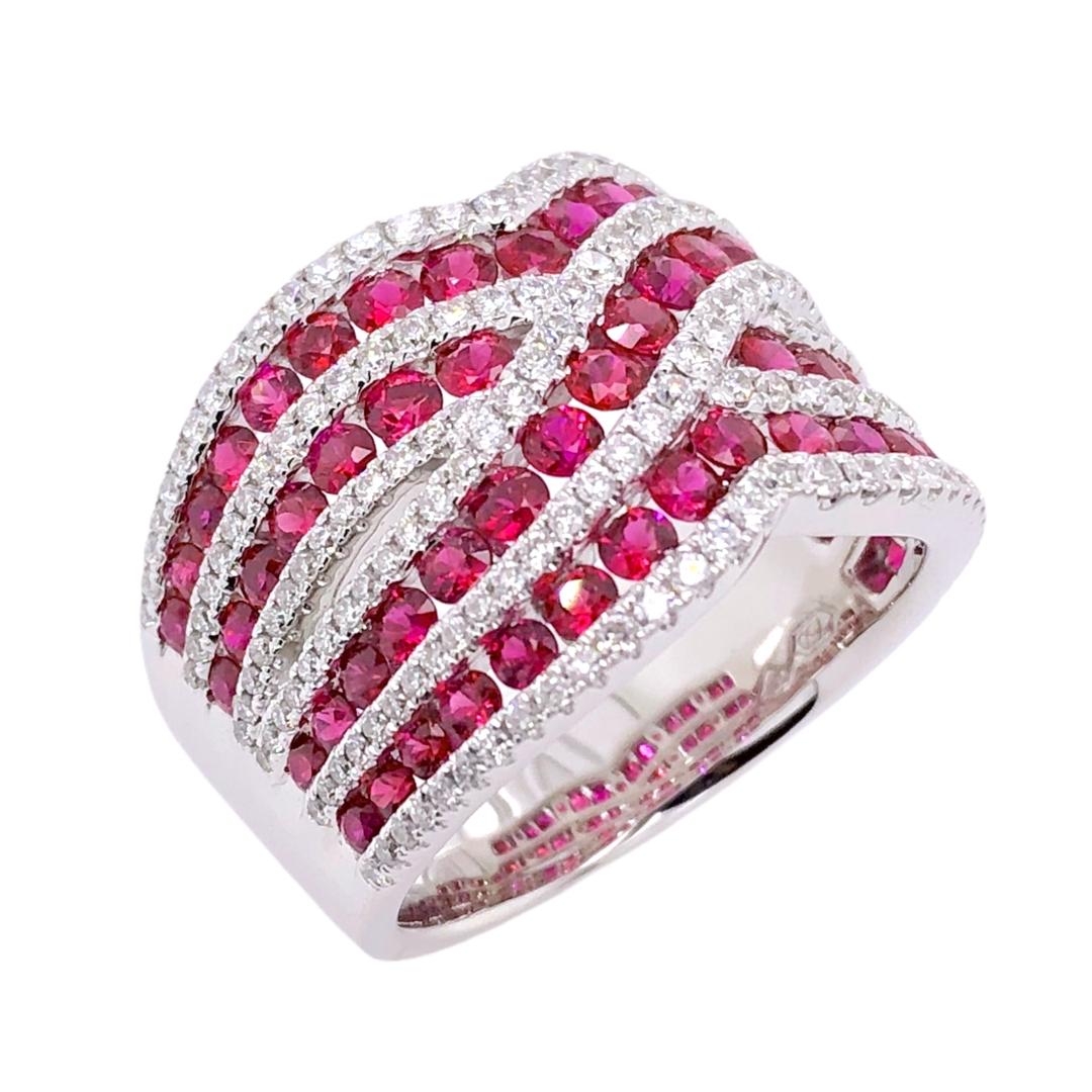 PARIS Craft House Ruby Diamond Ring in 18 Karat White Gold.

- 65 Round Rubies/2.20ct
- 190 Round Diamonds/0.76ct
- 18K White Gold/12.70g
- Ring size/US 6.5

Designed and crafted at PARIS Craft House.