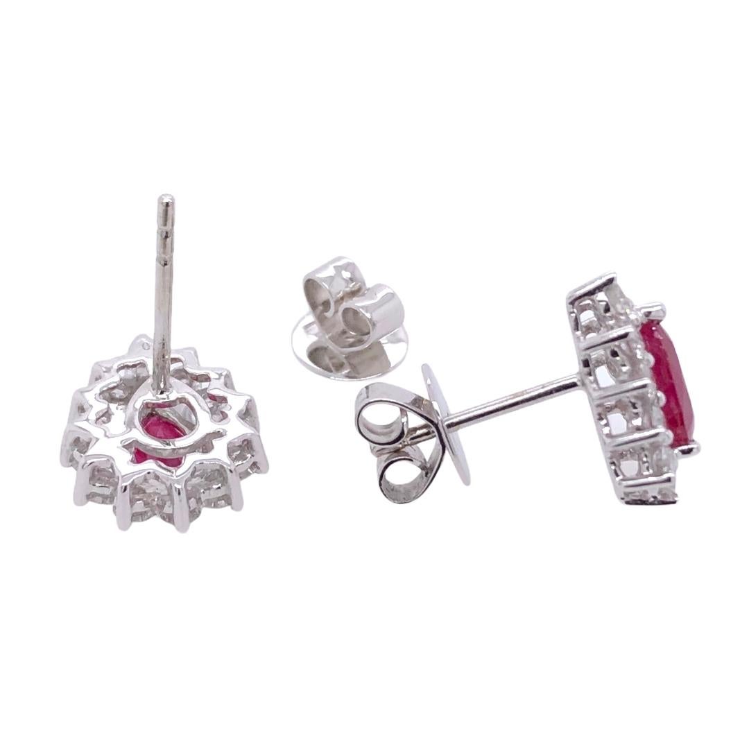 British Colonial Paris Craft House Ruby Diamond Stud Earrings in 18 Karat White Gold For Sale