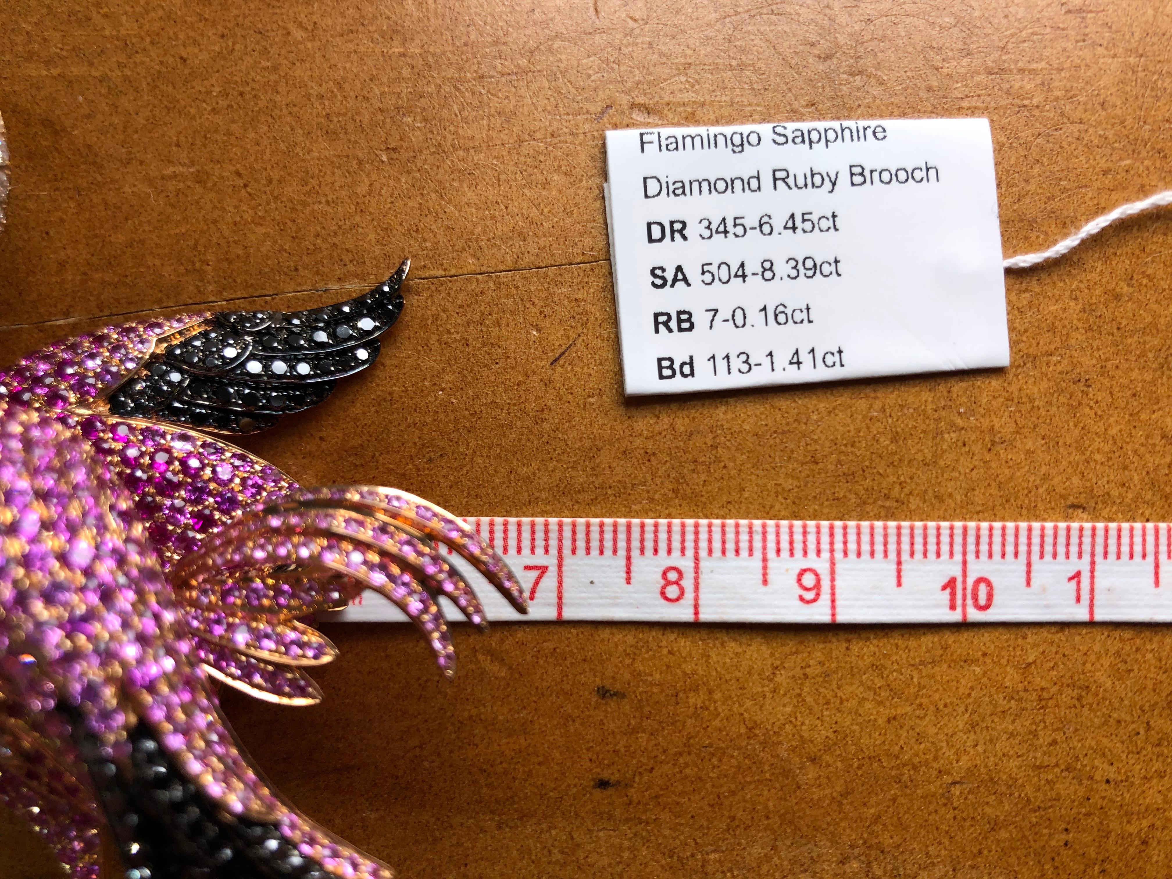 Paris Craft House Ruby Sapphire Diamond Flamingo Brooch in 18 Karat Rose Gold For Sale 4
