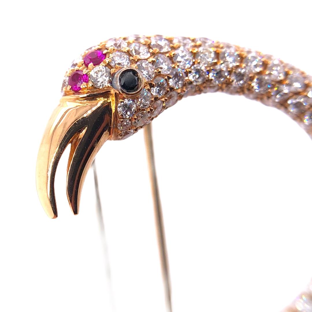 PARIS Craft House Ruby Sapphire Diamond Flamingo Brooch in 18 Karat Rose Gold.

- 345 Round Diamonds/6.45ct
- 113 Black Diamonds/1.41ct
- 504 Pink Sapphires/8.39ct
- 7 Rubies/0.16ct
- 18K Rose Gold

Designed and crafted at PARIS Craft House.