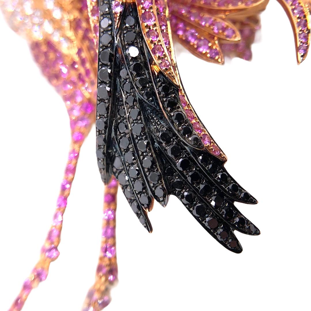Modern Paris Craft House Ruby Sapphire Diamond Flamingo Brooch in 18 Karat Rose Gold For Sale