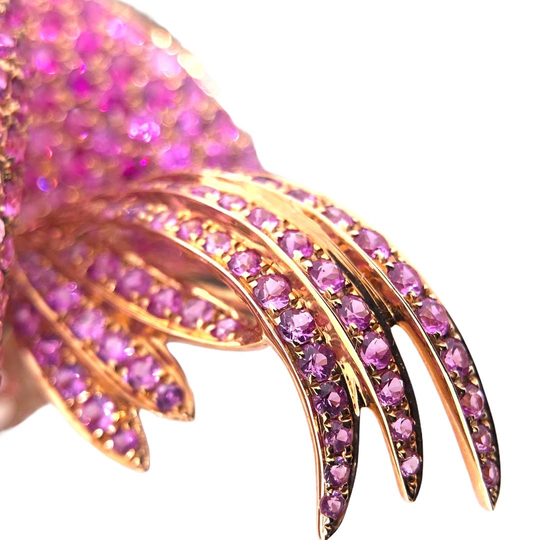 Round Cut Paris Craft House Ruby Sapphire Diamond Flamingo Brooch in 18 Karat Rose Gold For Sale