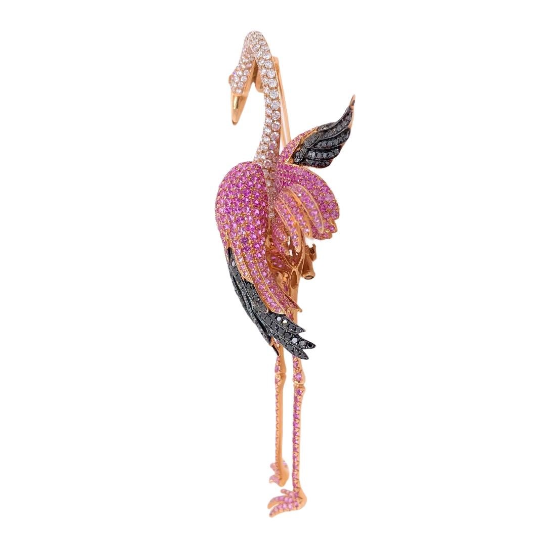 Paris Craft House Ruby Sapphire Diamond Flamingo Brooch in 18 Karat Rose Gold In New Condition For Sale In Hong Kong, HK