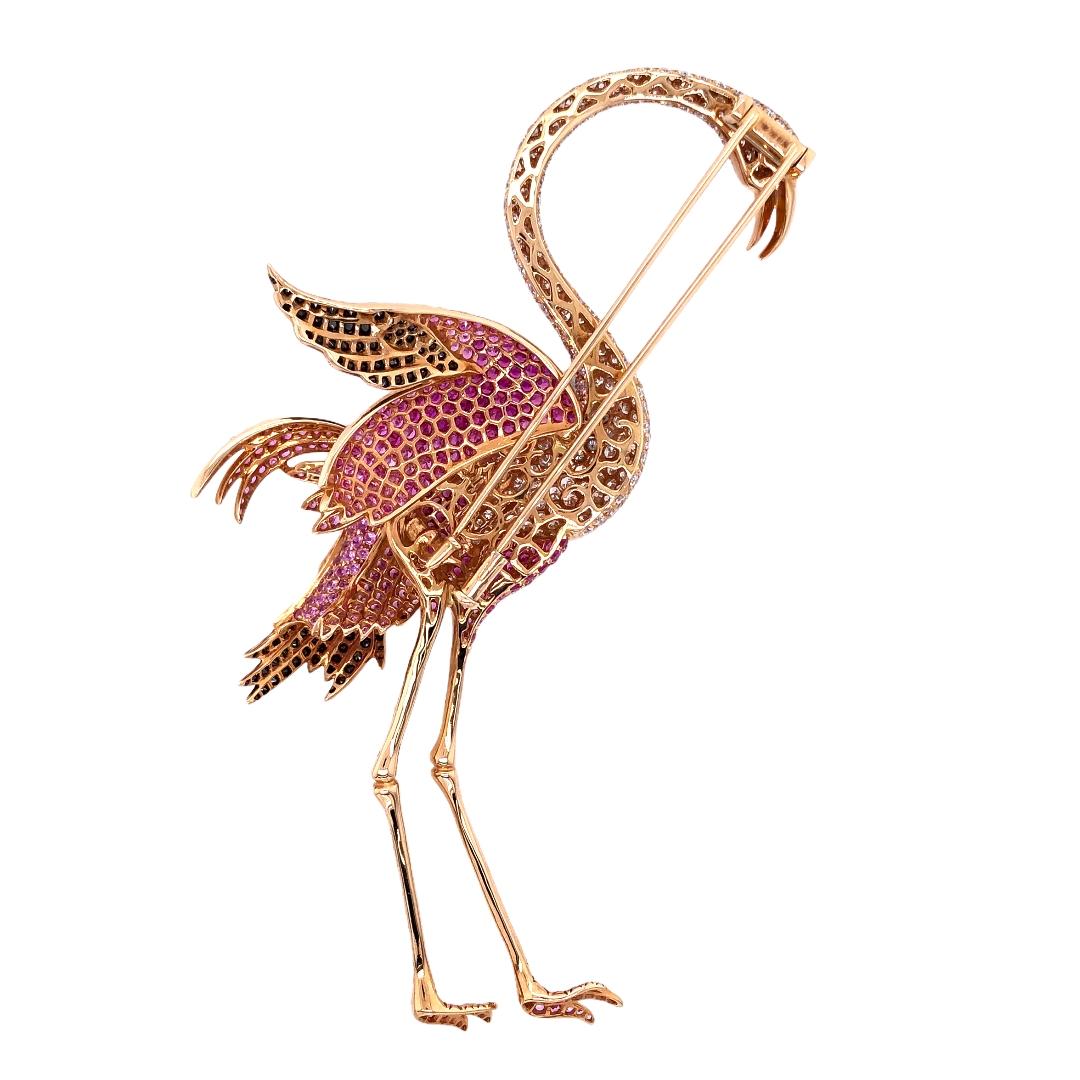 Women's Paris Craft House Ruby Sapphire Diamond Flamingo Brooch in 18 Karat Rose Gold For Sale