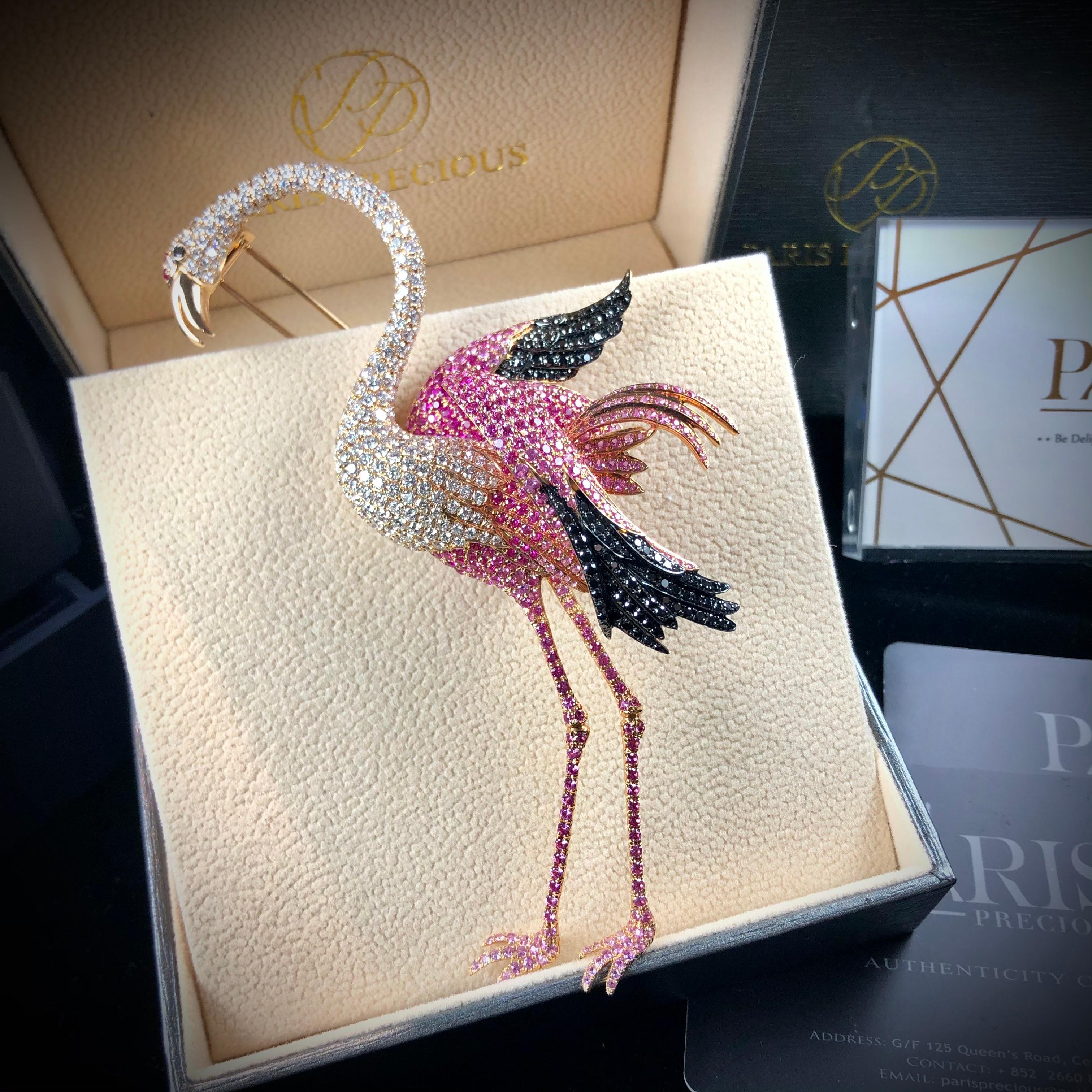 Paris Craft House Ruby Sapphire Diamond Flamingo Brooch in 18 Karat Rose Gold For Sale 1