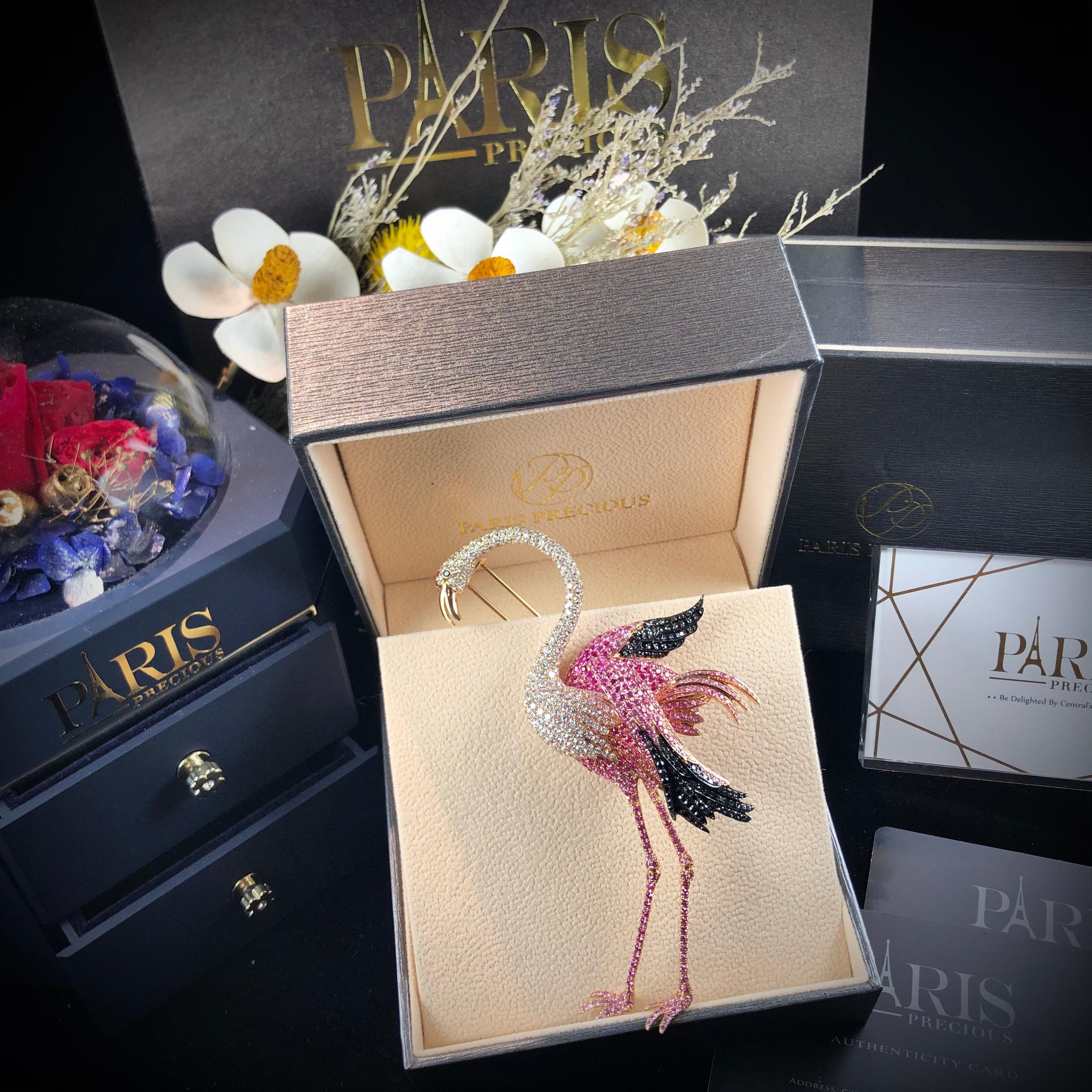 Paris Craft House Ruby Sapphire Diamond Flamingo Brooch in 18 Karat Rose Gold For Sale 2