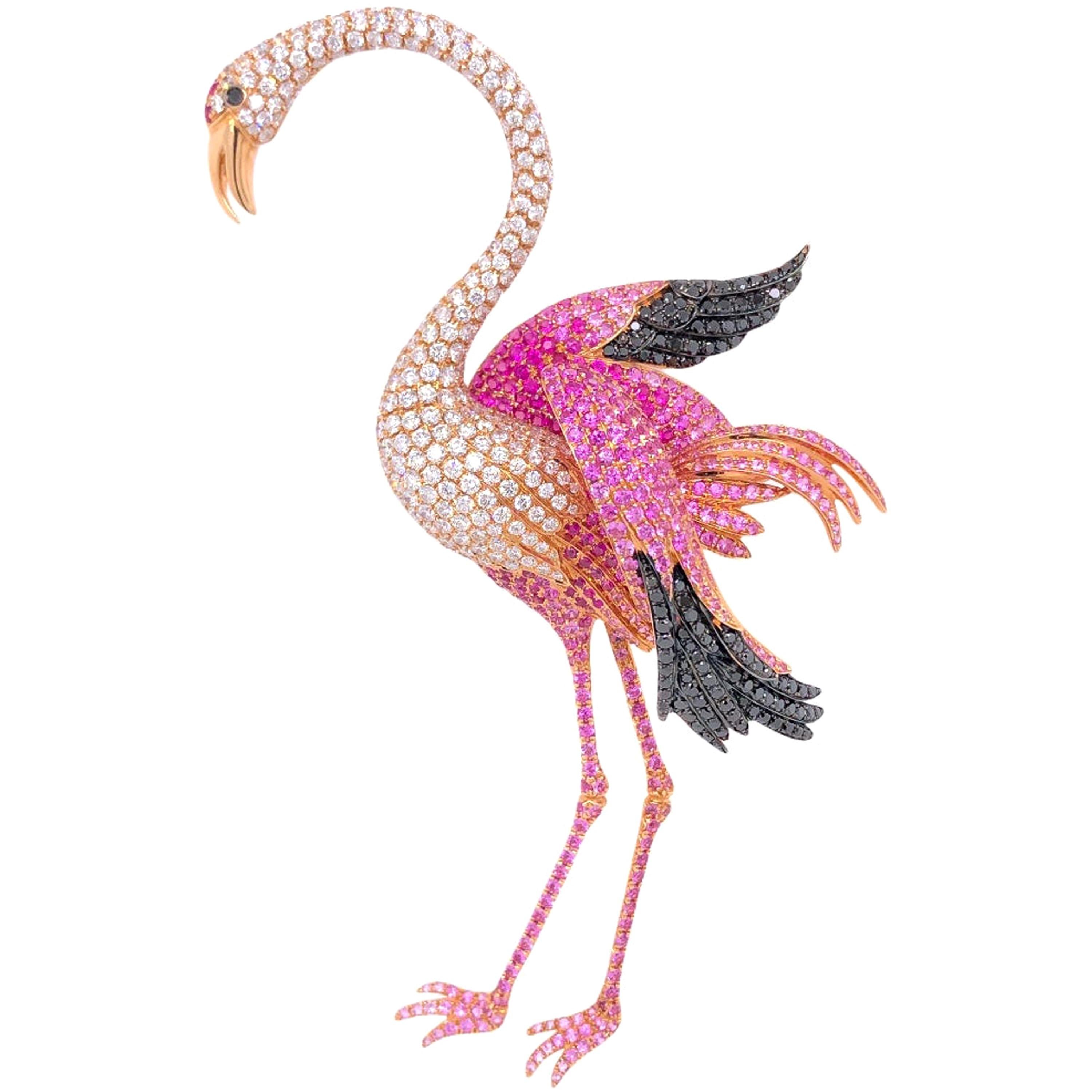 Paris Craft House Ruby Sapphire Diamond Flamingo Brooch in 18 Karat Rose Gold For Sale