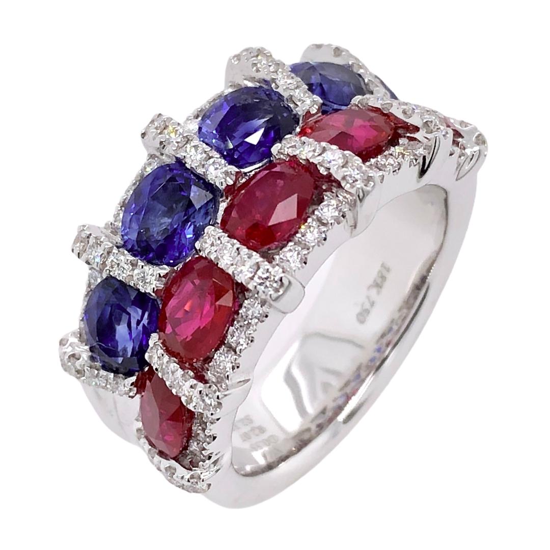 PARIS Craft House Ruby Sapphire Diamond Ring in 18 Karat White Gold.

- 4 Oval-cut Blue Sapphires/2.33ct
- 5 Oval-cut Rubies/2.07ct
- 78 Round Diamonds/0.53ct
- 18K White Gold/12.11g

Designed and crafted at PARIS Craft House.