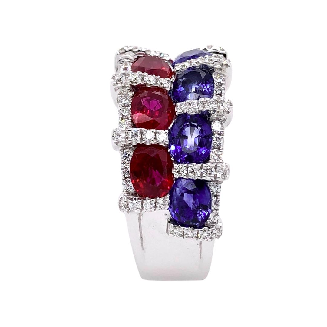 Modern Paris Craft House Ruby Sapphire Diamond Ring in 18 Karat White Gold For Sale