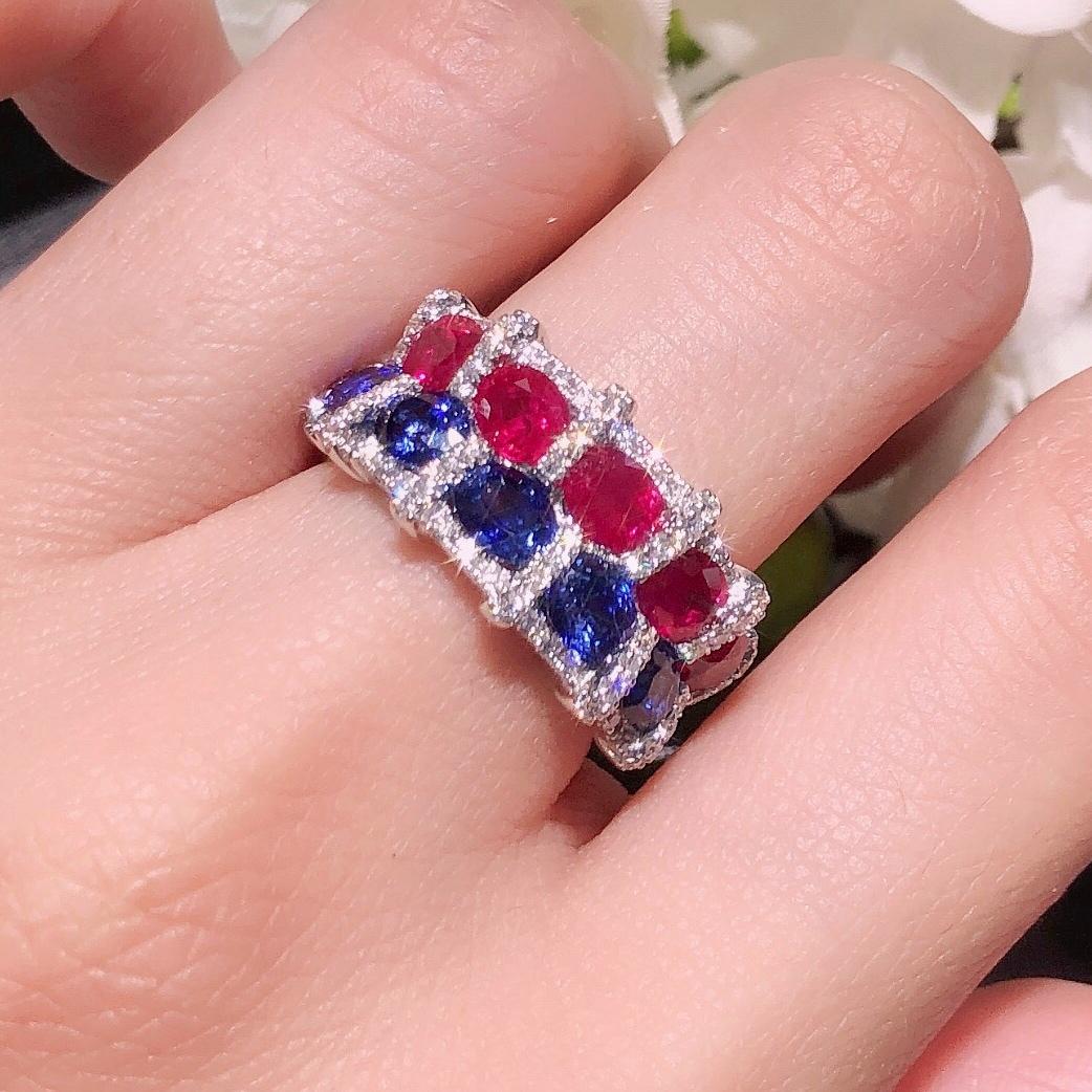 Paris Craft House Ruby Sapphire Diamond Ring in 18 Karat White Gold For Sale 1