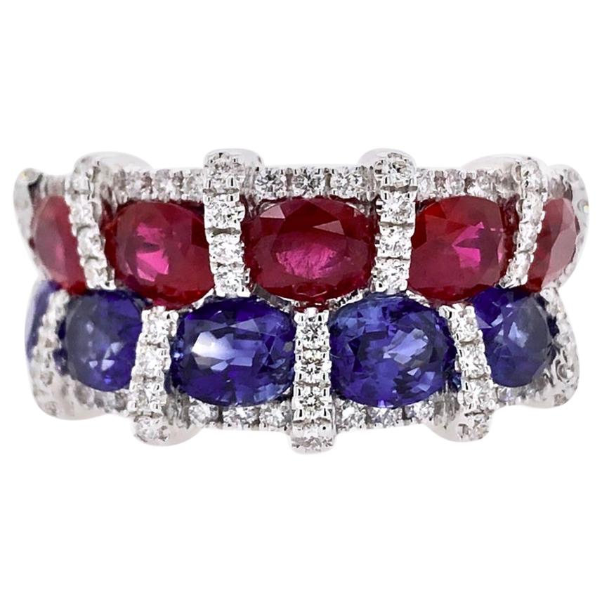 Paris Craft House Ruby Sapphire Diamond Ring in 18 Karat White Gold For Sale