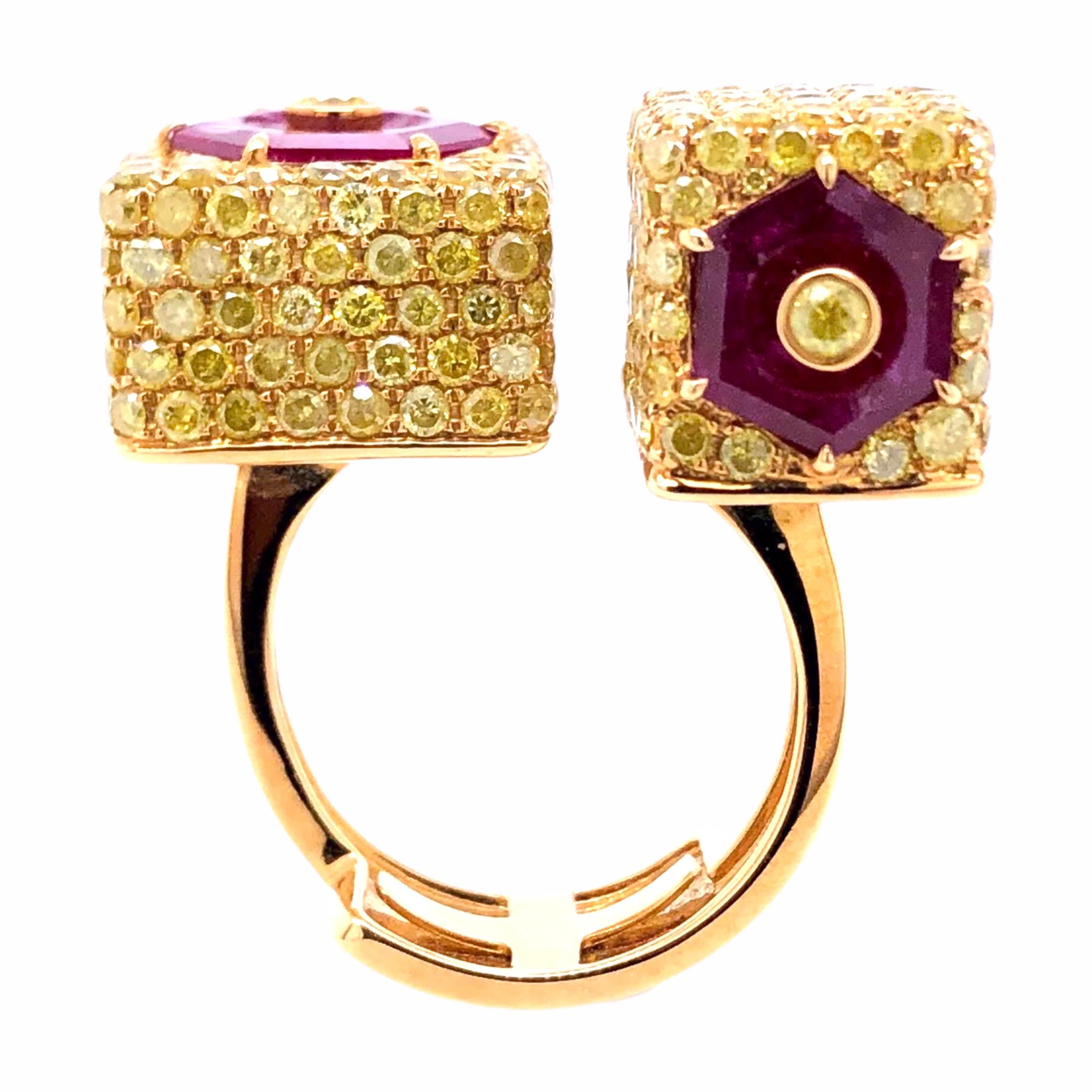 PARIS Craft House Ruby Yellow Diamond Ring in 18 Karat Yellow Gold.

- 2 Fancy-cut Rubies/3.9ct
- 307 Yellow Diamonds/6.37ct
- 18K Yellow Gold

Designed and crafted at PARIS Craft House.