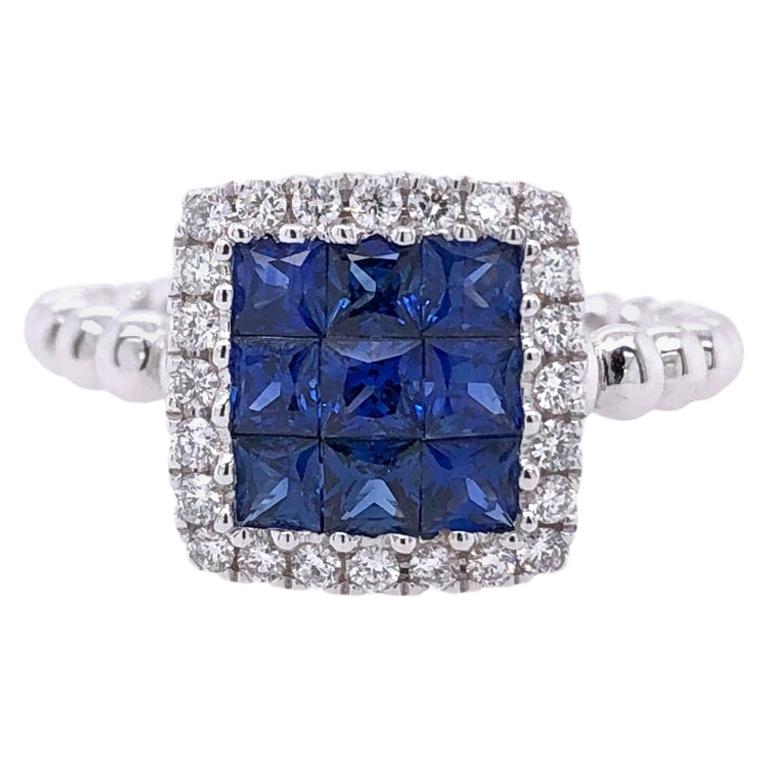 Paris Craft House Sapphire Diamond Cluster Ring in 18 Karat White Gold For Sale