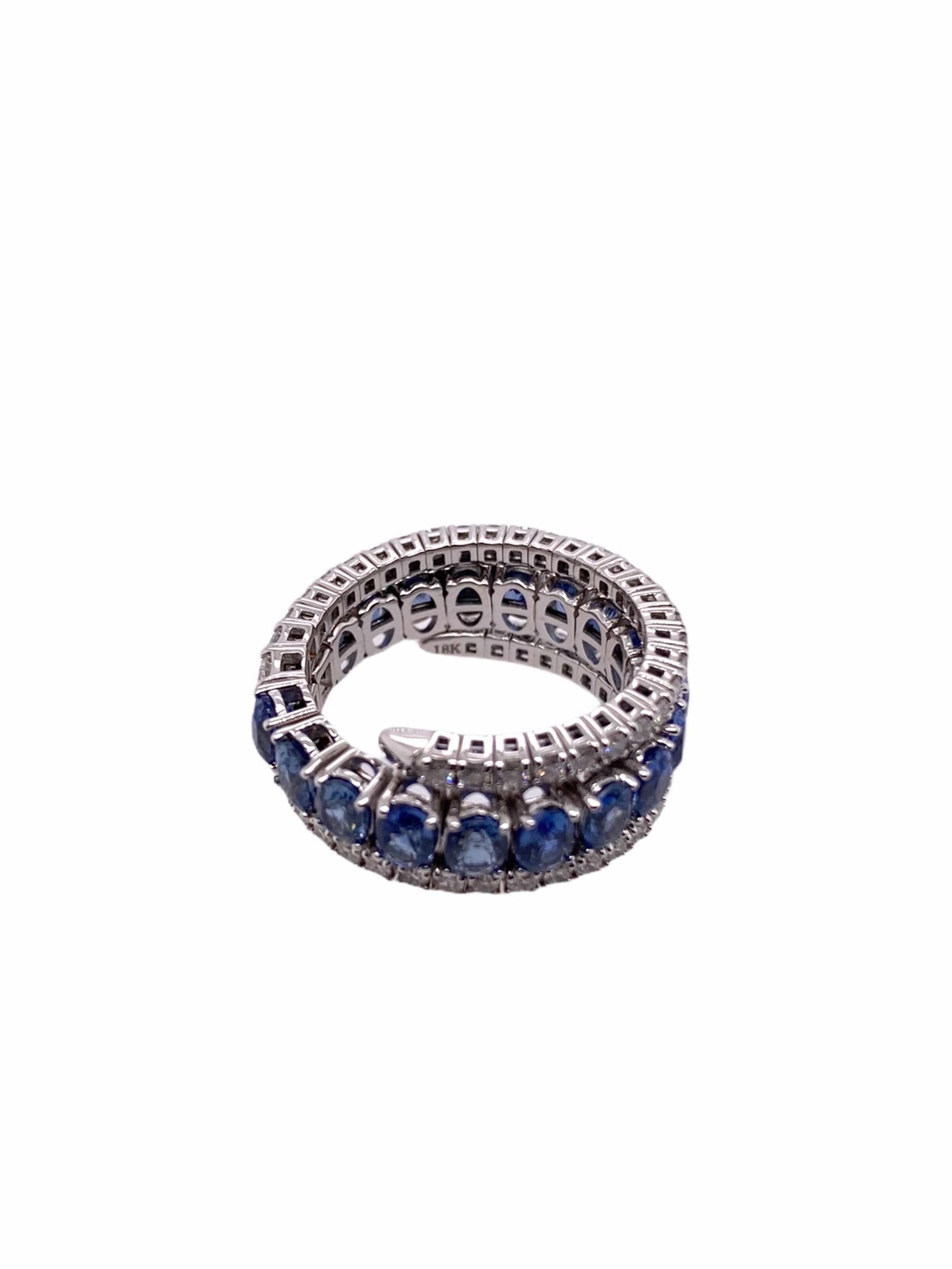 Modern Paris Craft House Sapphire Diamond Elastic Band Ring in 18 Karat White Gold For Sale