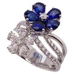 Paris Craft House Sapphire Diamond Flower Ring in 18 Karat White Gold