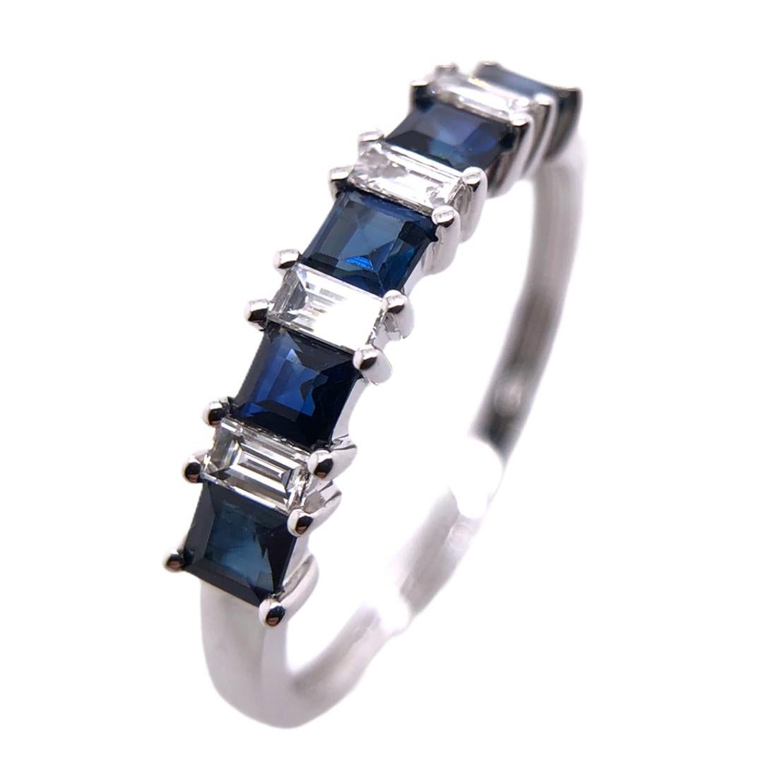 Crafted in 18 Karat White Gold, PARIS Craft House offers Baguette-cut Sapphires and Diamonds weighing 0.80ct. On this ring, Sapphires and Diamonds are set alternately next to each other in shared prong setting. These stones are hand picked to match