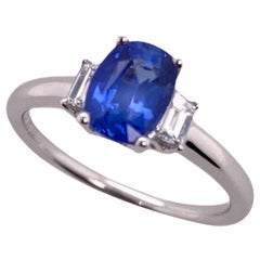 Paris Craft House Blue Sapphire Diamond Three Stone Ring in 18 Karat White Gold