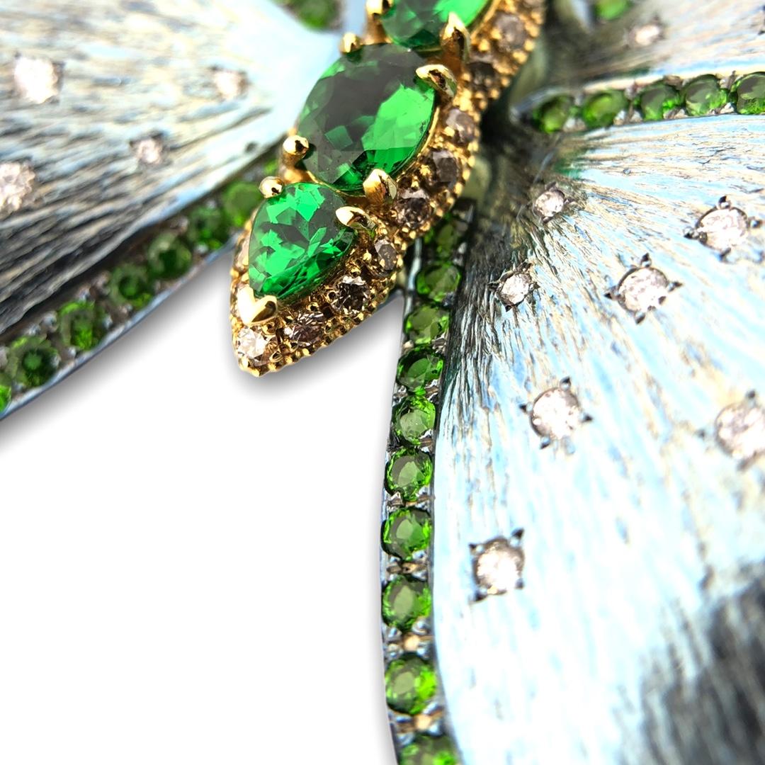 Modern Paris Craft House Tsavorite Diamond Butterfly Brooch Pin in Titanium 18K Gold For Sale