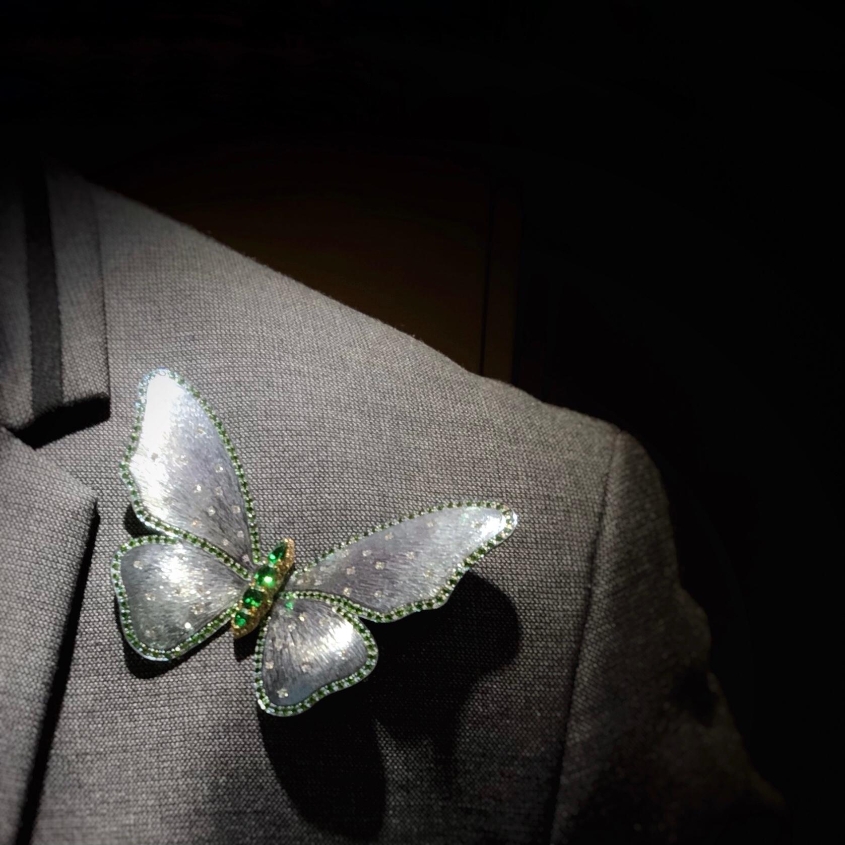 Paris Craft House Tsavorite Diamond Butterfly Brooch Pin in Titanium 18K Gold For Sale 1
