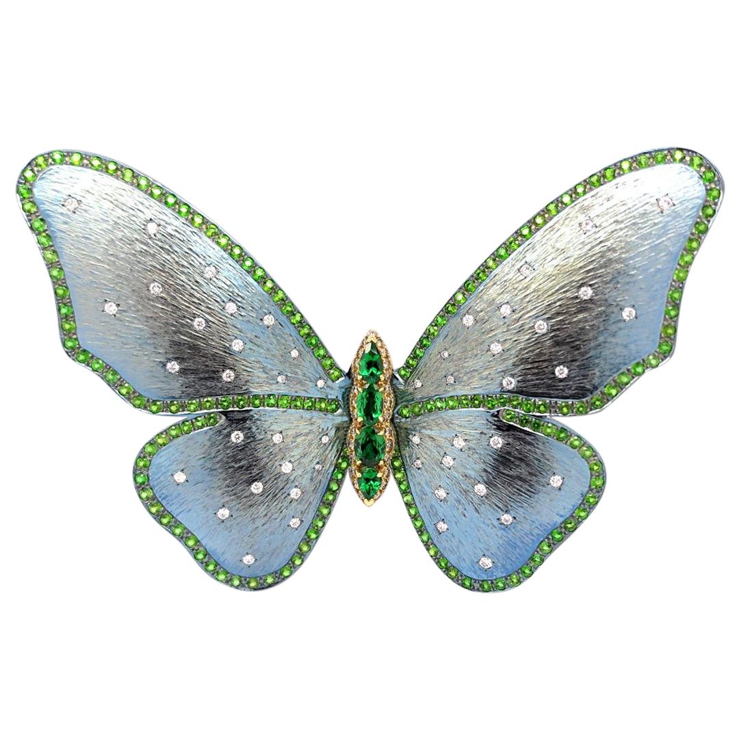 Paris Craft House Tsavorite Diamond Butterfly Brooch Pin in Titanium 18K Gold For Sale