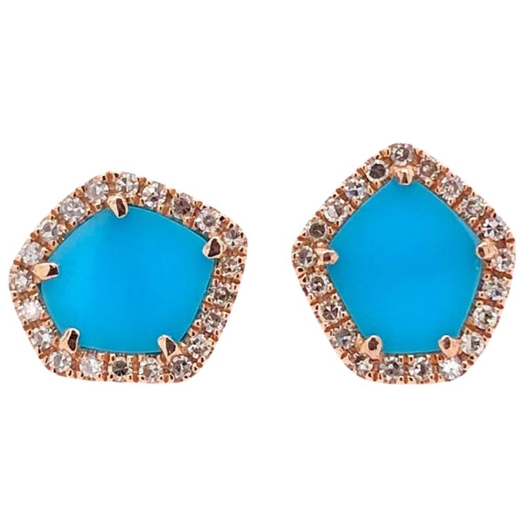 Paris Craft House Turquoise Diamond Earrings in 14 Karat Rose Gold For Sale