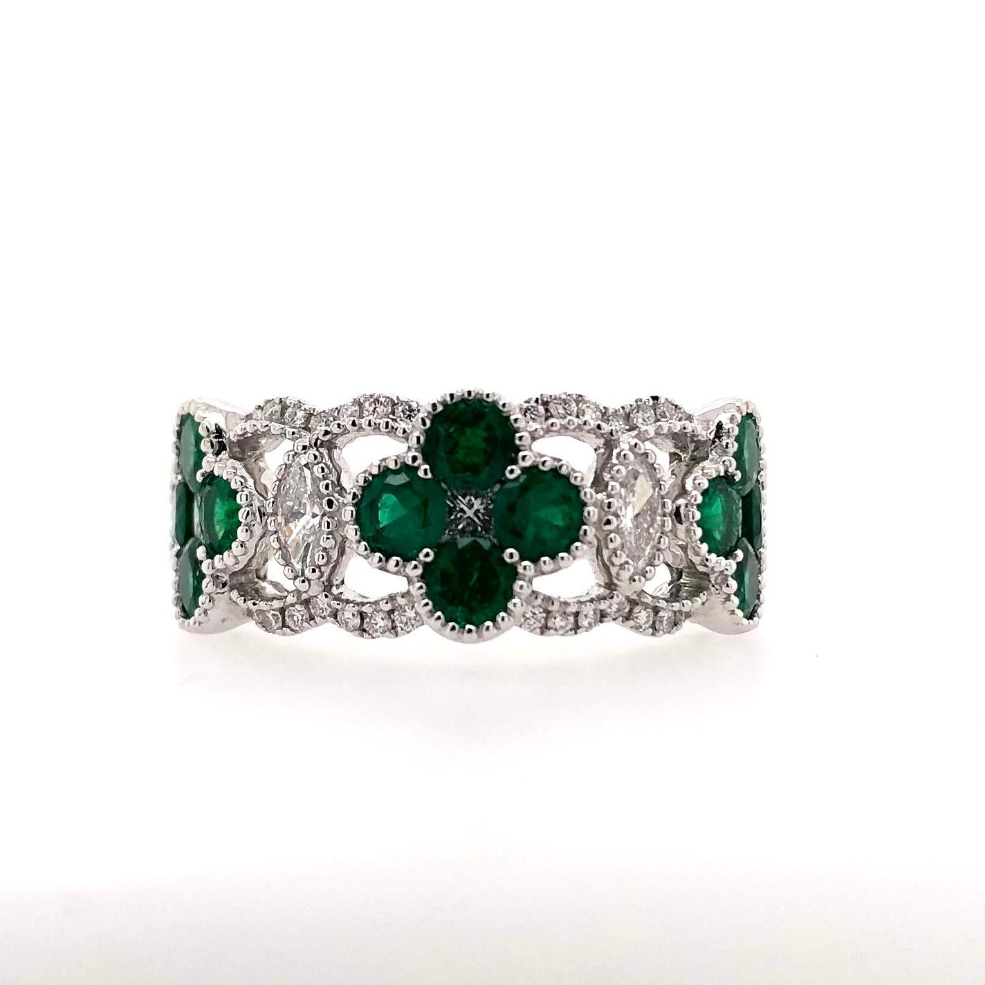 PARIS Craft House Emerald Clover Ring. Featured in this article are these 1.12ct beautiful Emeralds done in Round cutting. Clustered together, they make trio silhouettes of a lucky clover. Crafted in 18 Karat White Gold, they are showered with